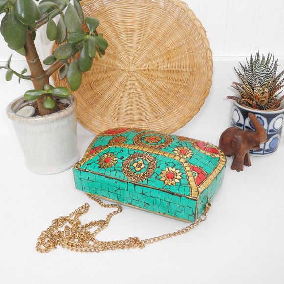 Antik Kraft Boho Amoli Brass & Mosaic Crossbody Clutch Turquoise Anthropologie - Picture 11 of 14